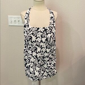 Lands’ End Black and White Floral Tankini Top Swim NWT